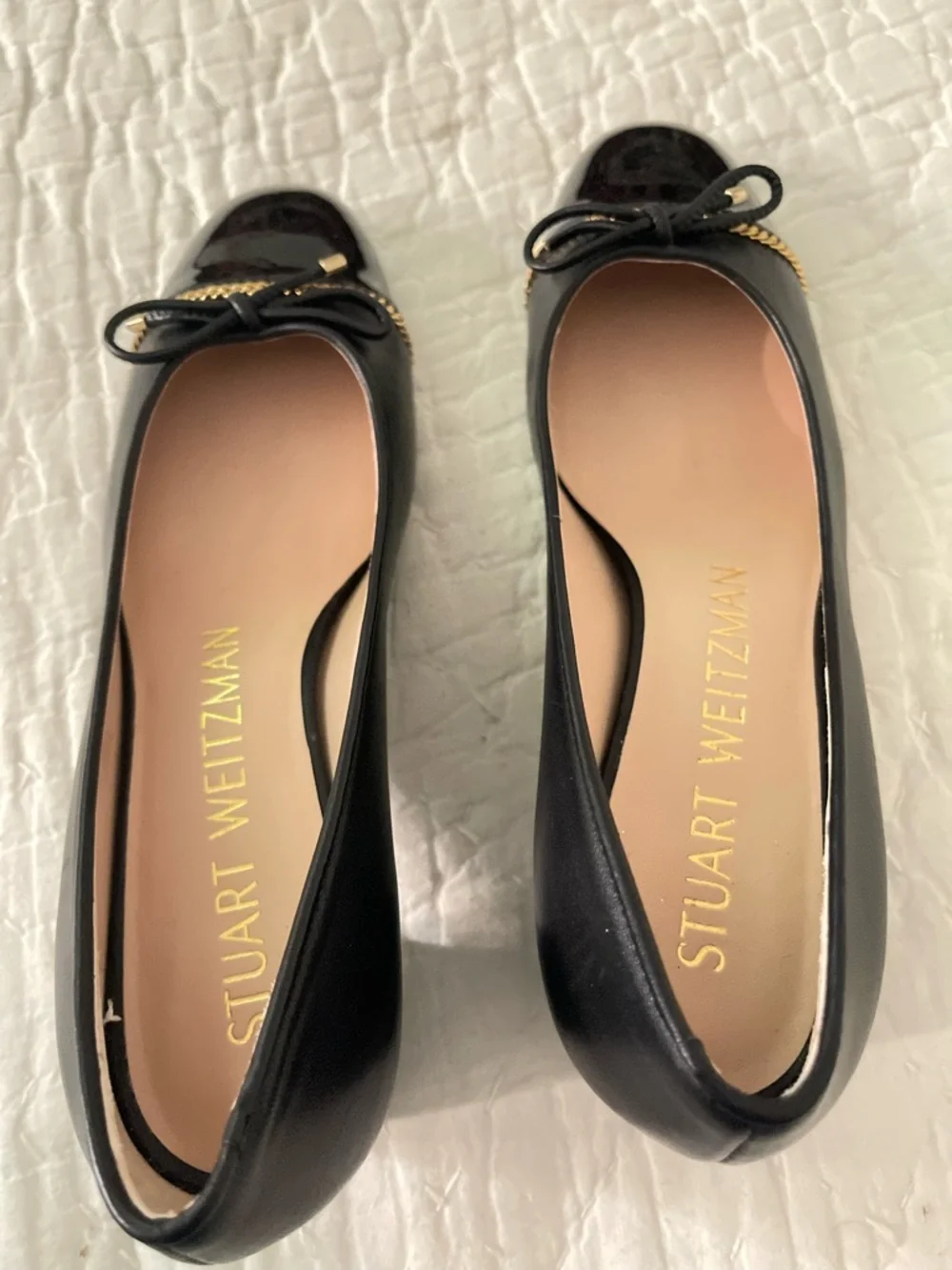 Stuart Weitzman Black Cap Toe‎ Patent Leather Cap Toe Pumps with Gold Trim